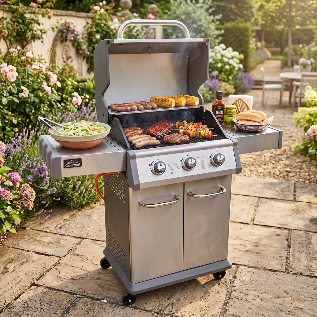 3 Burner Deluxe Gas BBQ Grill with Piezo Ignition & Thermometer - Stainless Steel DG16