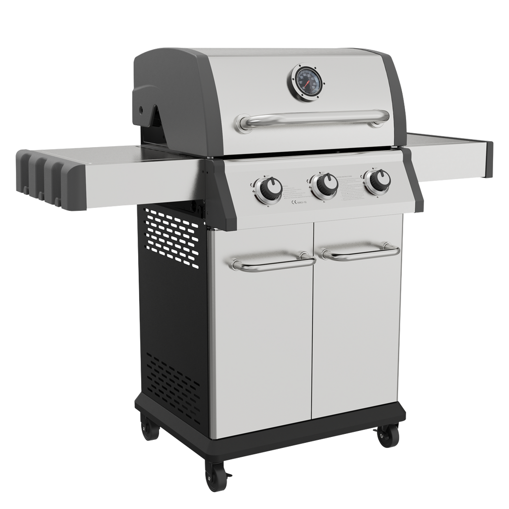 3 Burner Deluxe Gas BBQ Grill with Piezo Ignition & Thermometer - Stainless Steel DG16