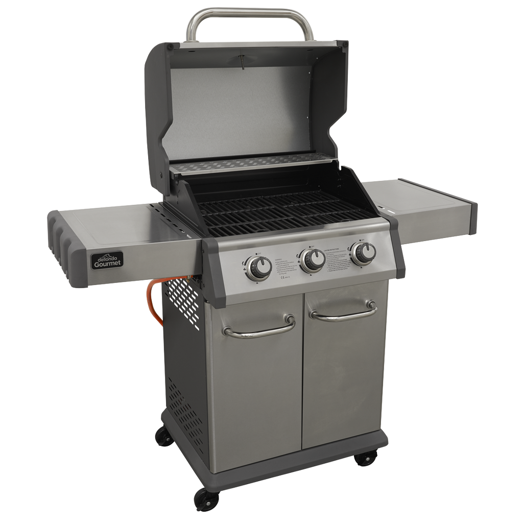 3 Burner Deluxe Gas BBQ Grill with Piezo Ignition & Thermometer - Stainless Steel DG16