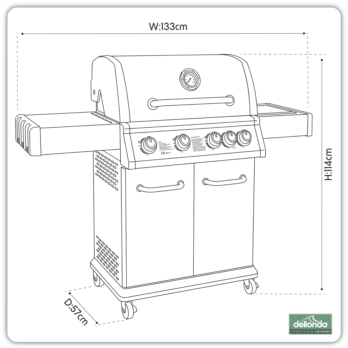 4+1 Burner Deluxe Gas BBQ Grill with Piezo Ignition & Thermometer - Stainless Steel DG17