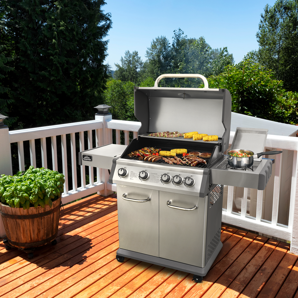 4+1 Burner Deluxe Gas BBQ Grill with Piezo Ignition & Thermometer - Stainless Steel DG17