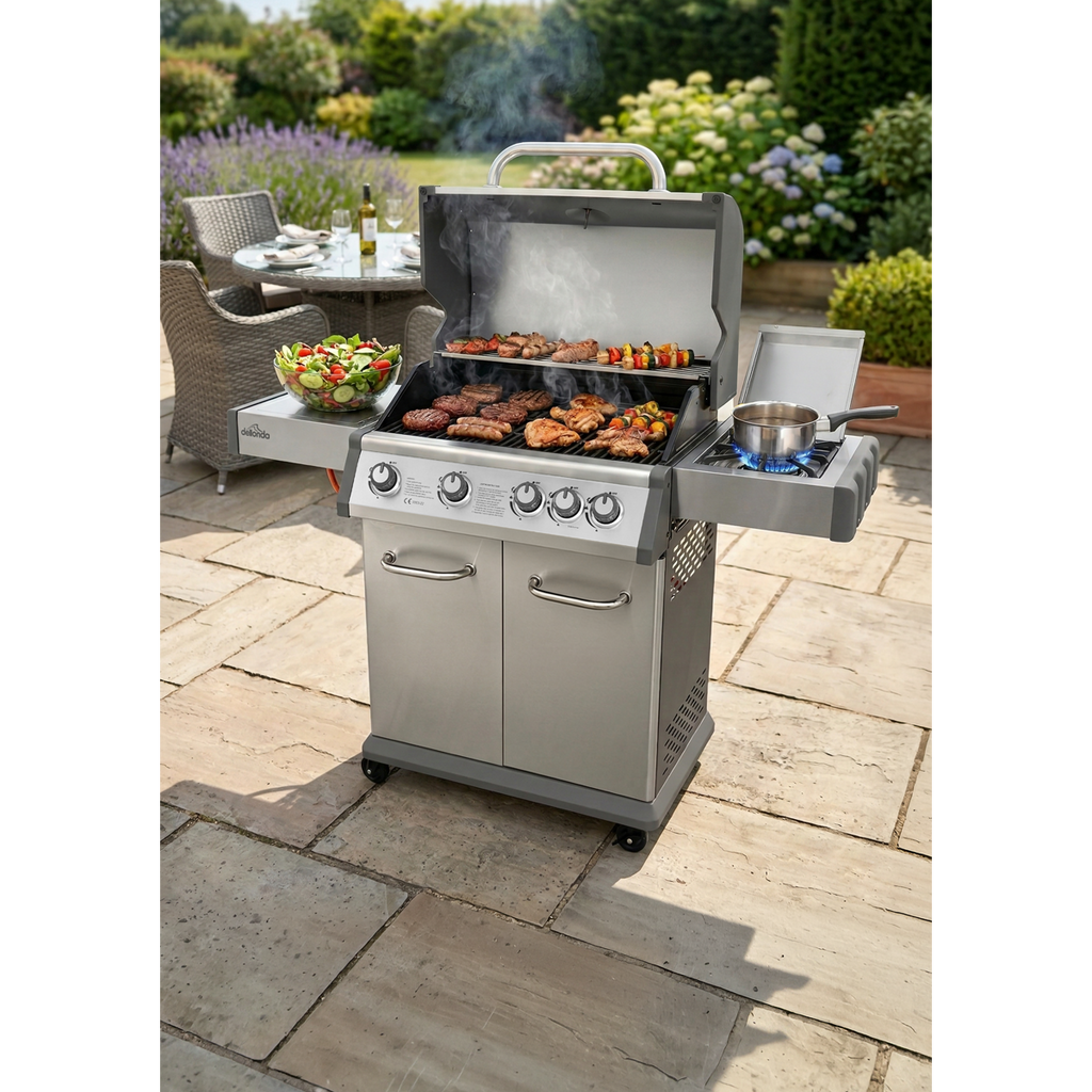 4+1 Burner Deluxe Gas BBQ Grill with Piezo Ignition & Thermometer - Stainless Steel DG17