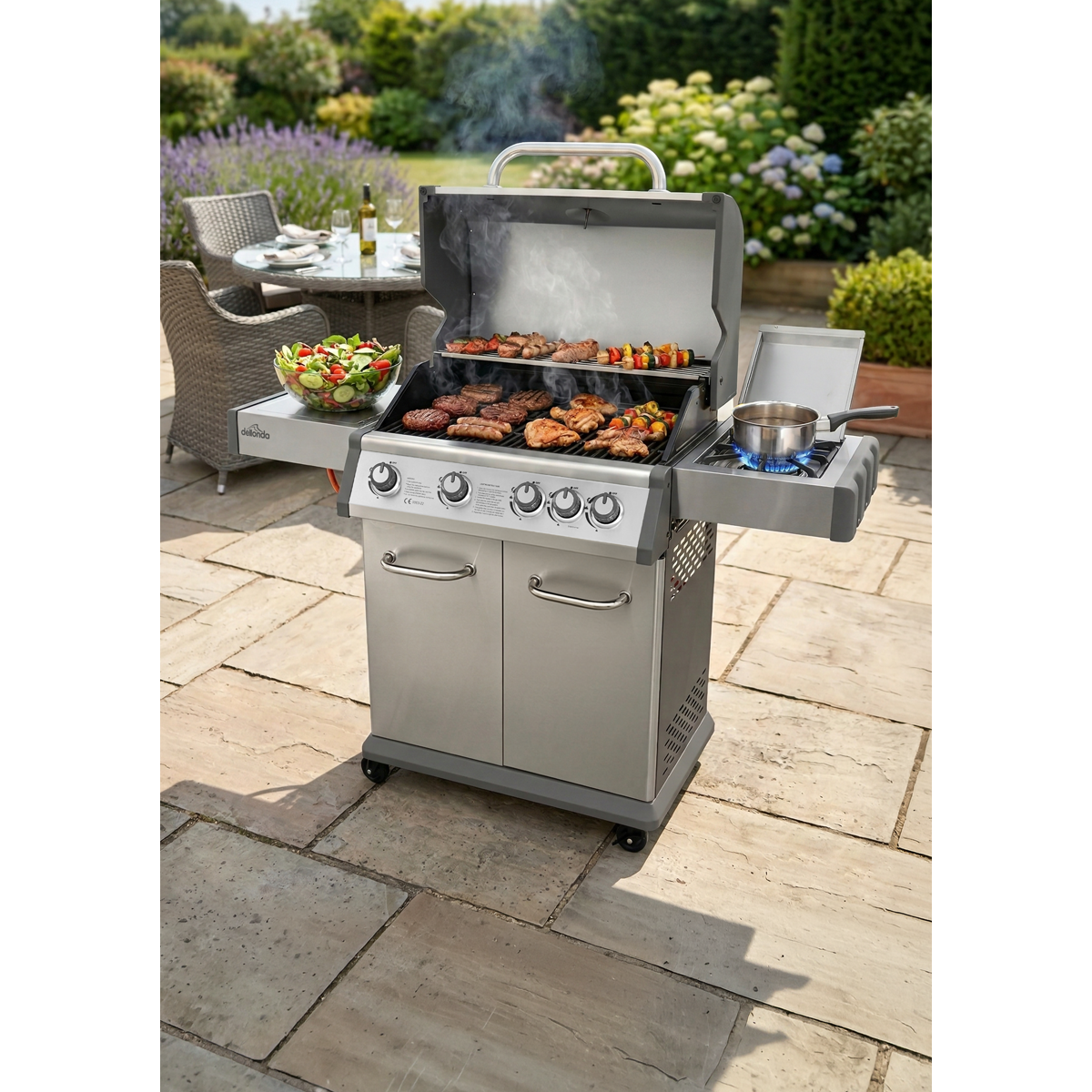 4+1 Burner Deluxe Gas BBQ Grill with Piezo Ignition & Thermometer - Stainless Steel DG17