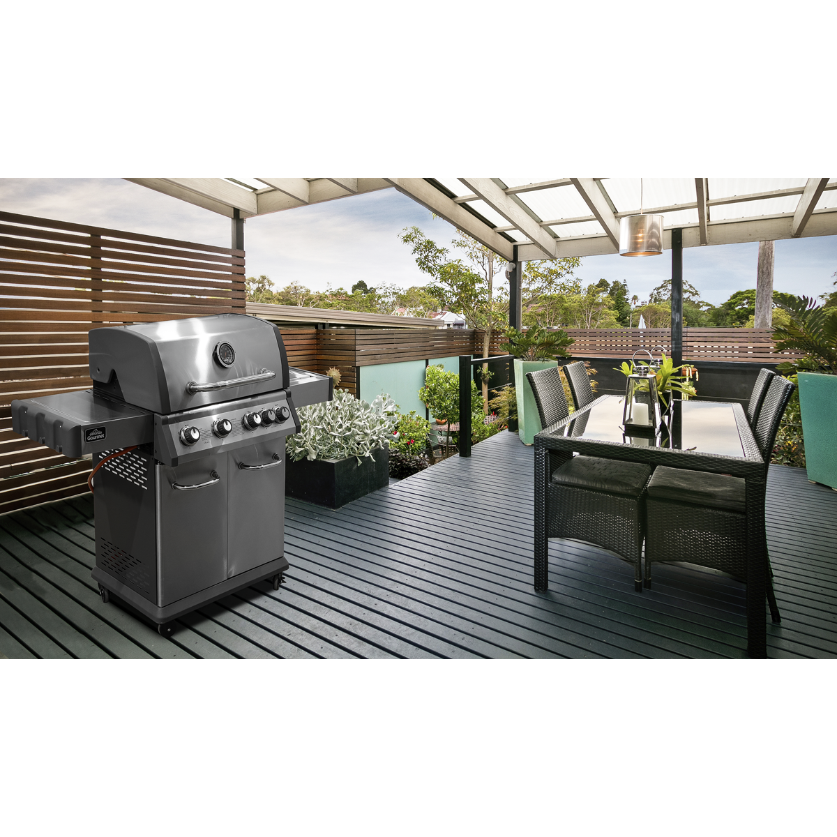4+1 Burner Deluxe Gas BBQ Grill with Piezo Ignition & Thermometer - Stainless Steel DG17