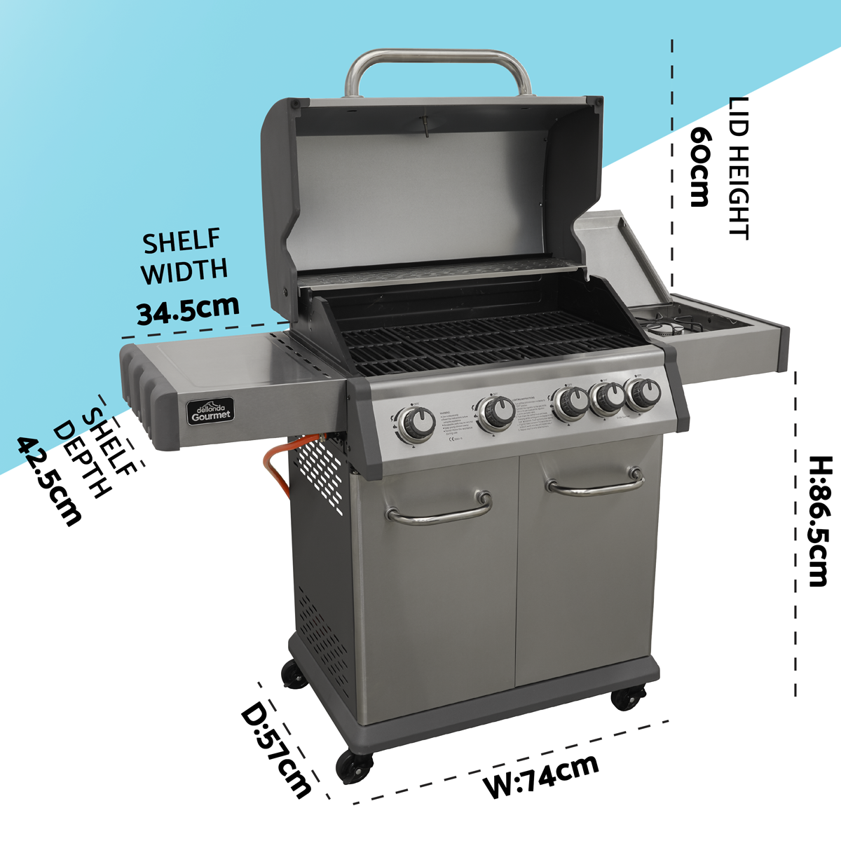 4+1 Burner Deluxe Gas BBQ Grill with Piezo Ignition & Thermometer - Stainless Steel DG17