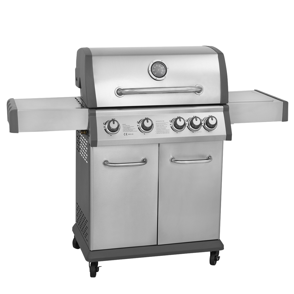 4+1 Burner Deluxe Gas BBQ Grill with Piezo Ignition & Thermometer - Stainless Steel DG17