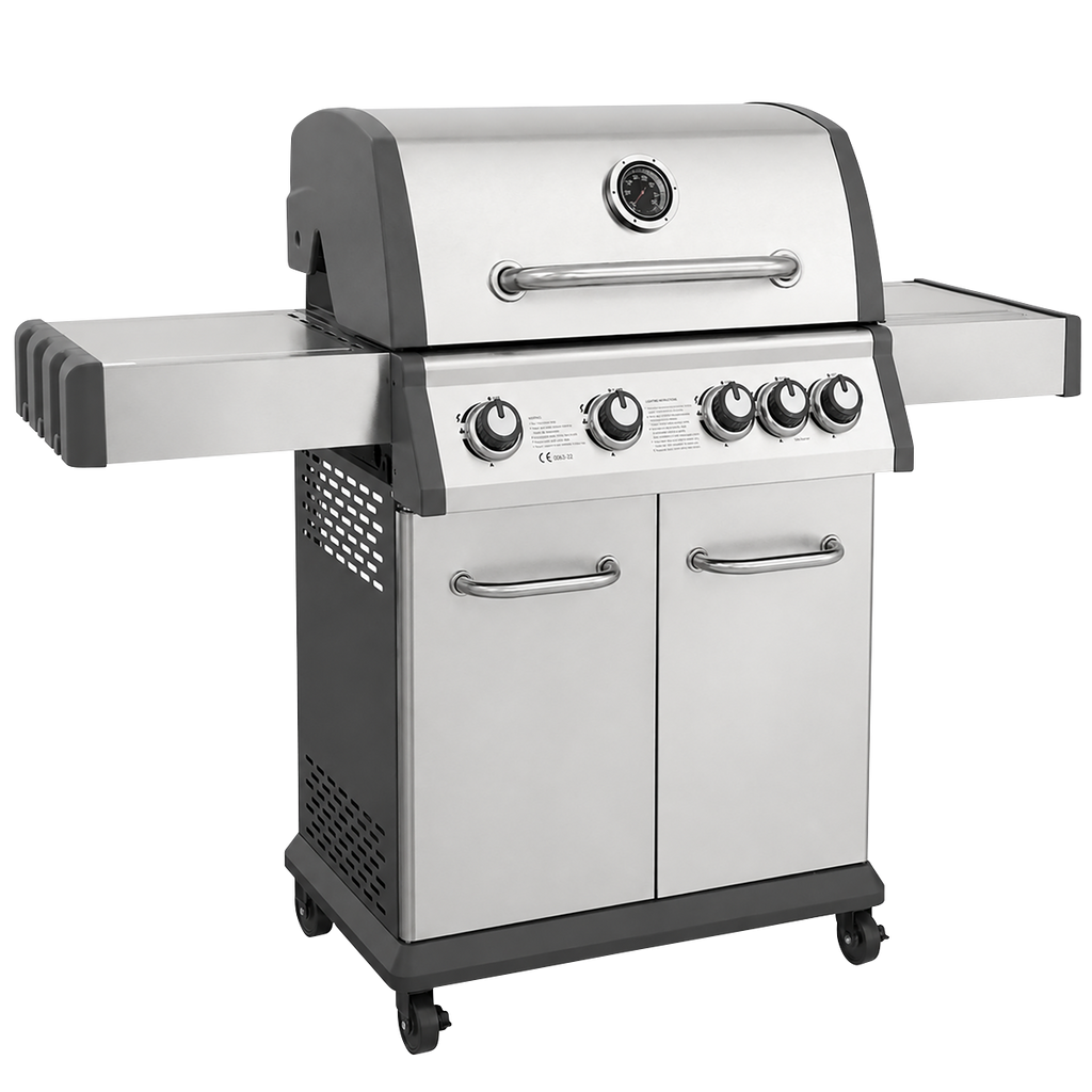 4+1 Burner Deluxe Gas BBQ Grill with Piezo Ignition & Thermometer - Stainless Steel DG17