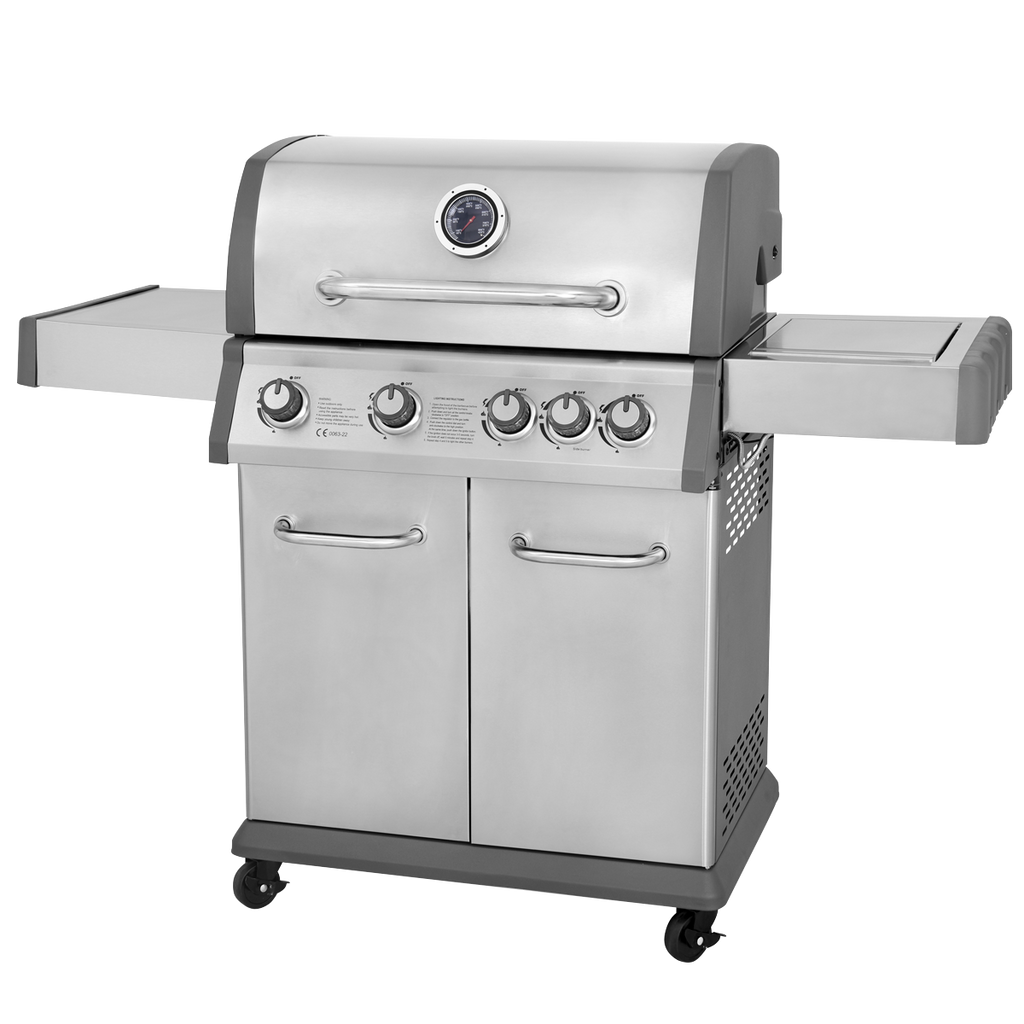 4+1 Burner Deluxe Gas BBQ Grill with Piezo Ignition & Thermometer - Stainless Steel DG17
