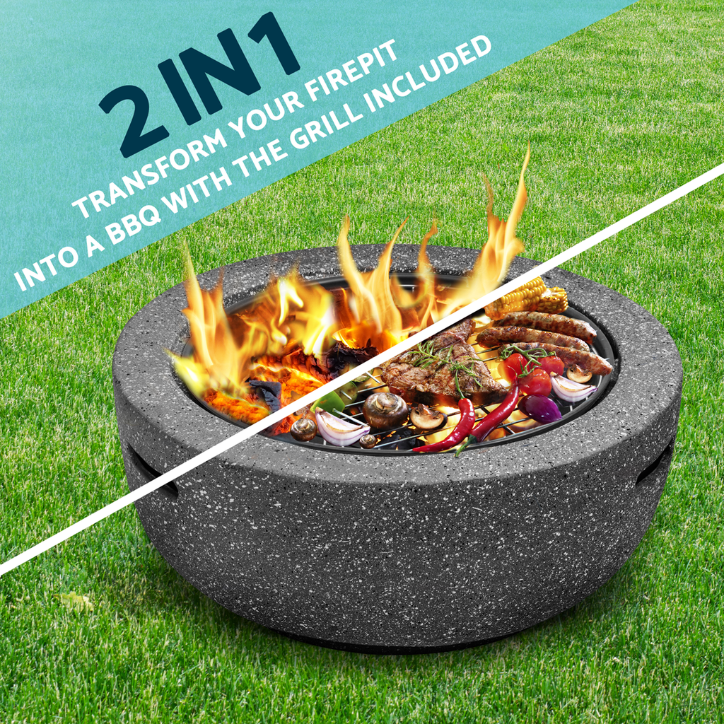 Round MgO Fire Pit with BBQ Grill & Safety Mesh Screen 60cm - Dark Grey DG189