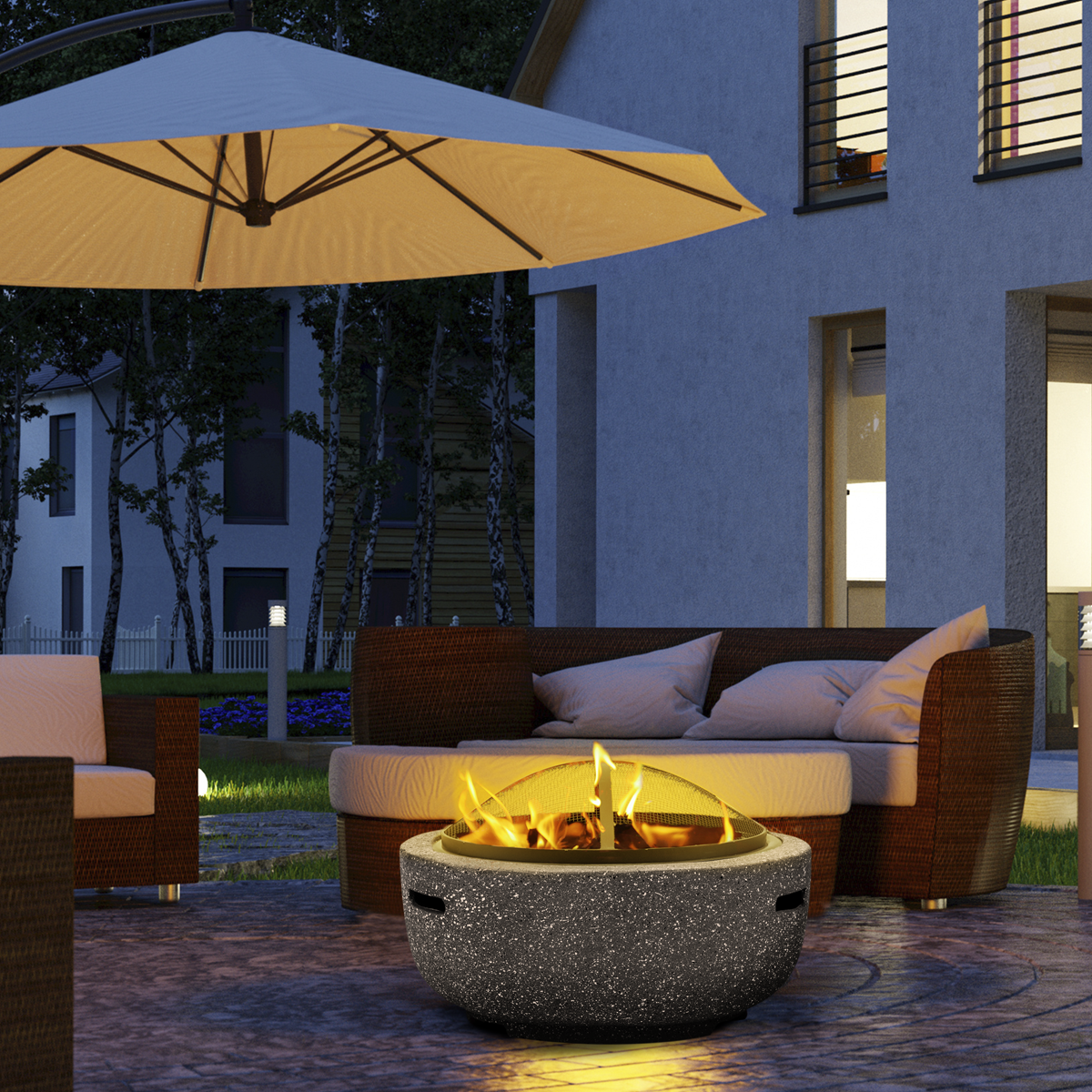 Round MgO Fire Pit with BBQ Grill & Safety Mesh Screen 60cm - Dark Grey DG189