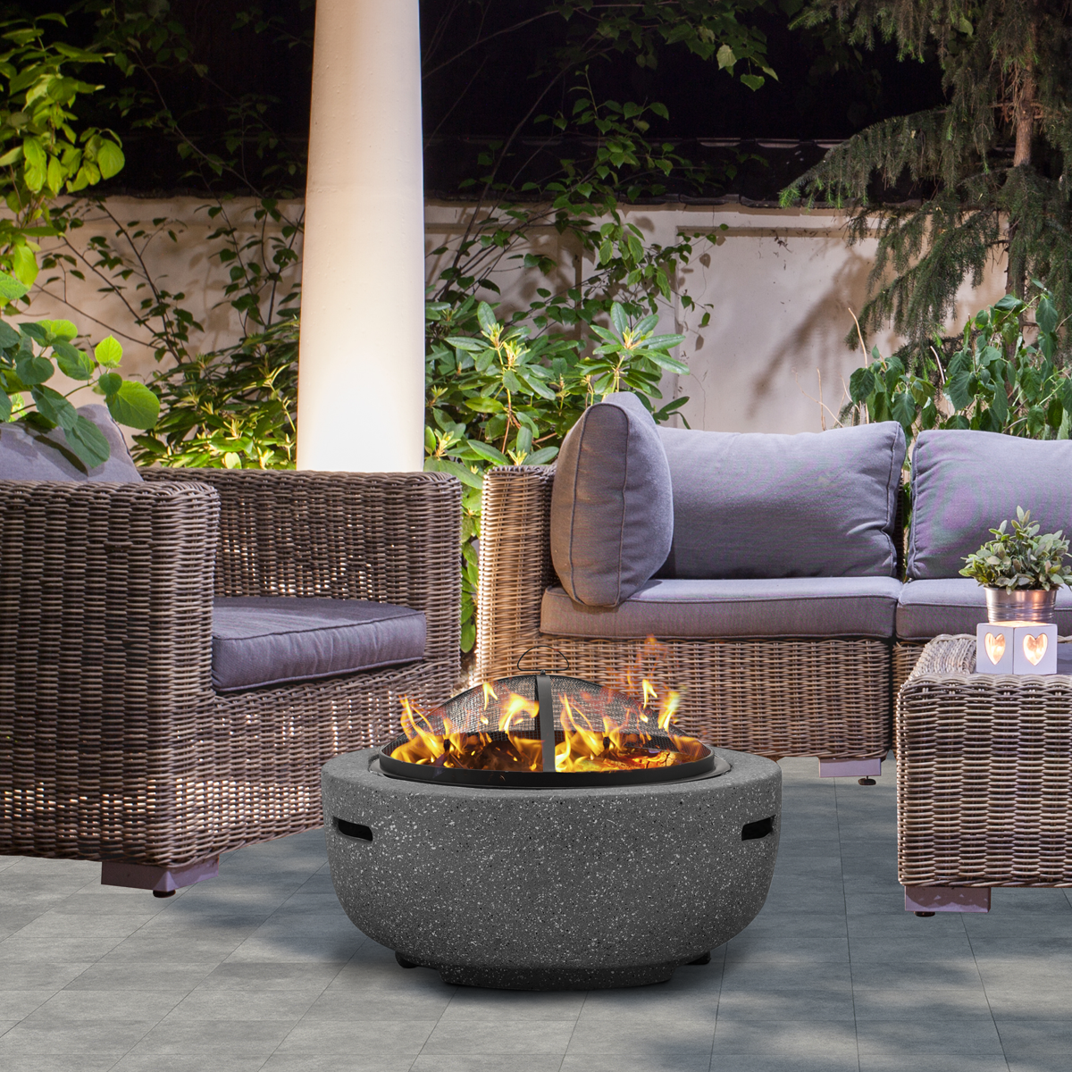 Round MgO Fire Pit with BBQ Grill & Safety Mesh Screen 60cm - Dark Grey DG189