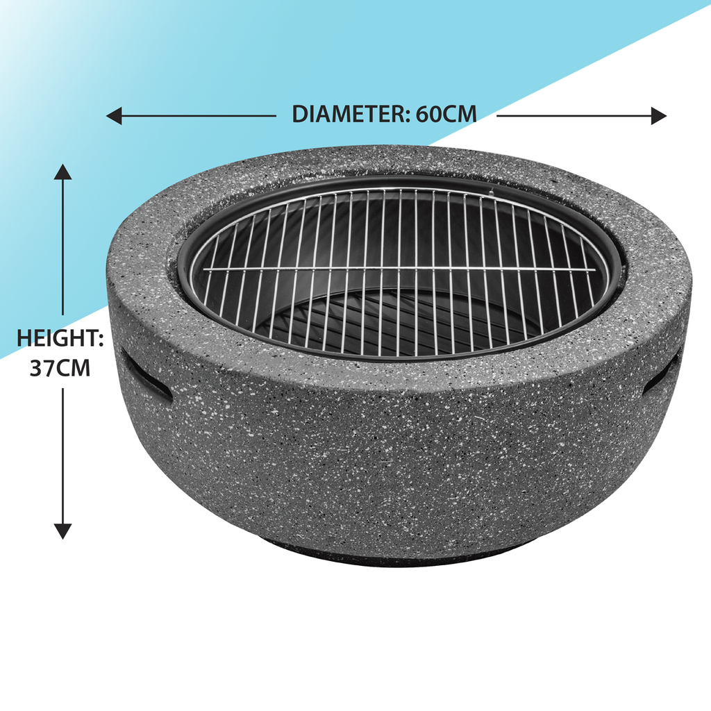 Round MgO Fire Pit with BBQ Grill & Safety Mesh Screen 60cm - Dark Grey DG189