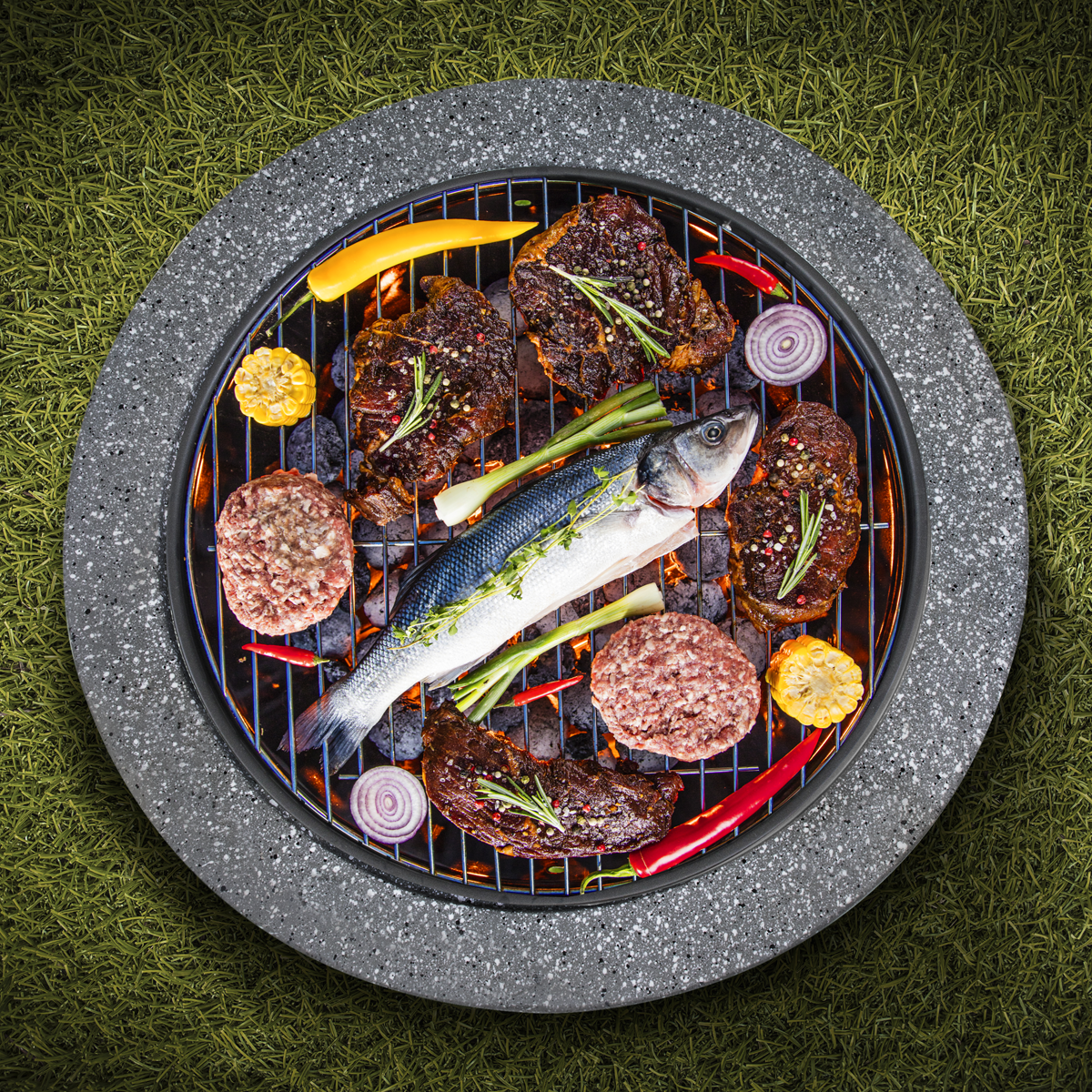 Round MgO Fire Pit with BBQ Grill & Safety Mesh Screen 60cm - Dark Grey DG189