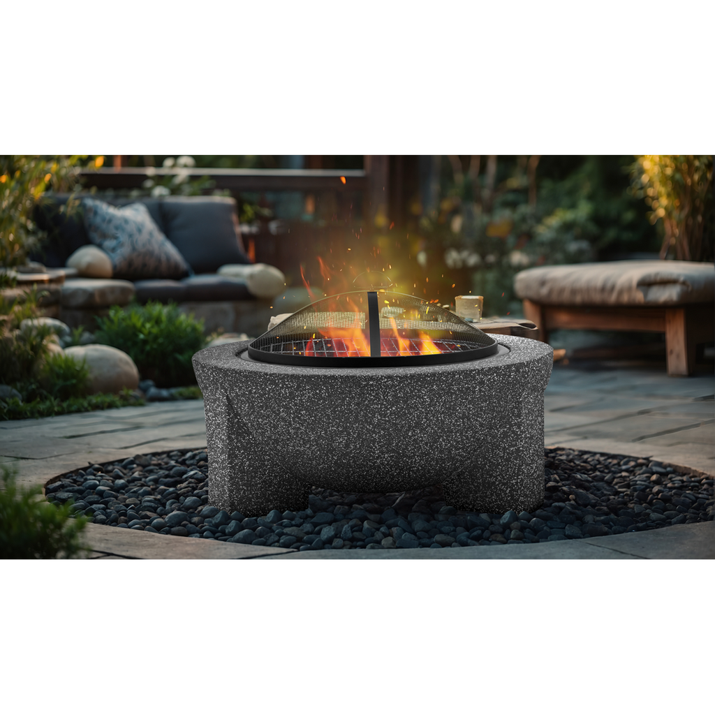 Round MgO Fire Pit with BBQ Grill & Safety Mesh Screen 75cm - Dark Grey DG191