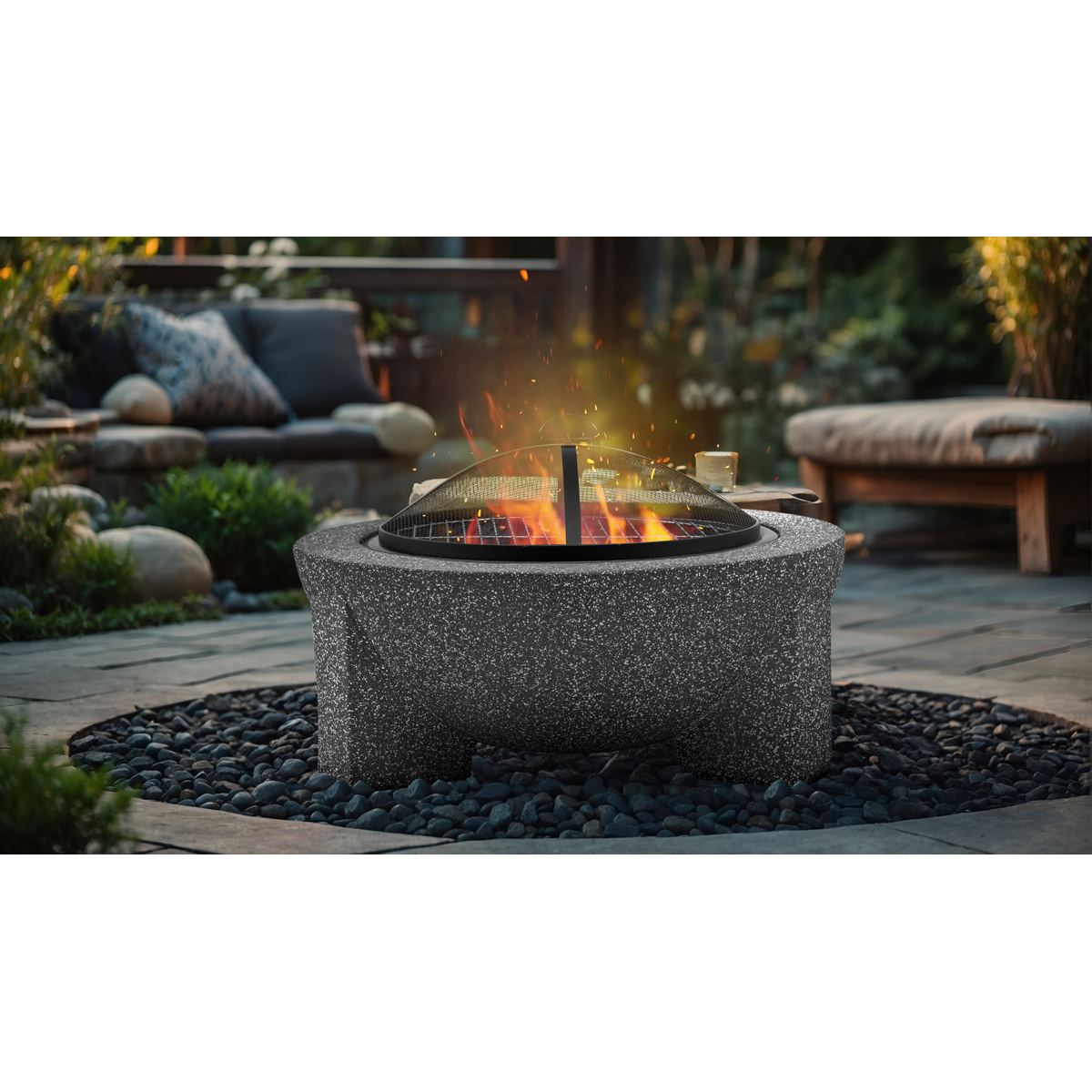 Round MgO Fire Pit with BBQ Grill & Safety Mesh Screen 75cm - Dark Grey DG191