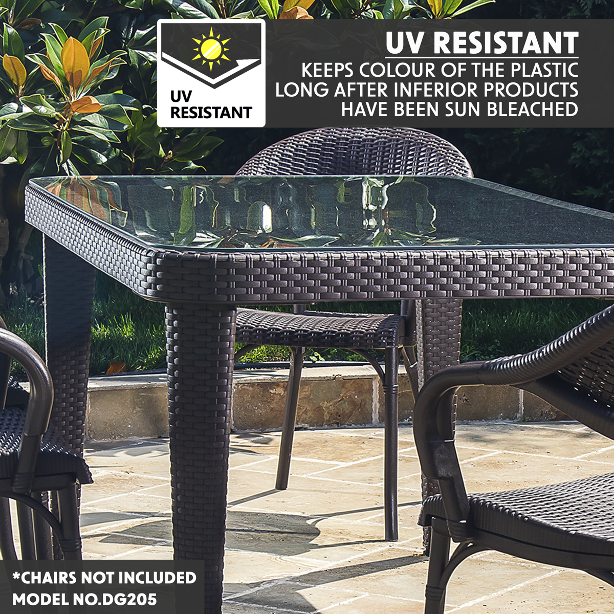 Weather-Resistant Polypropylene/Fibreglass Dining Table with Tempered Glass Top - Dark Brown DG206