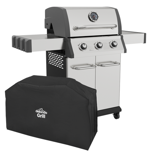 3 Burner Deluxe Gas BBQ Grill with Piezo Ignition & Thermometer & Cover - Stainless Steel DG230