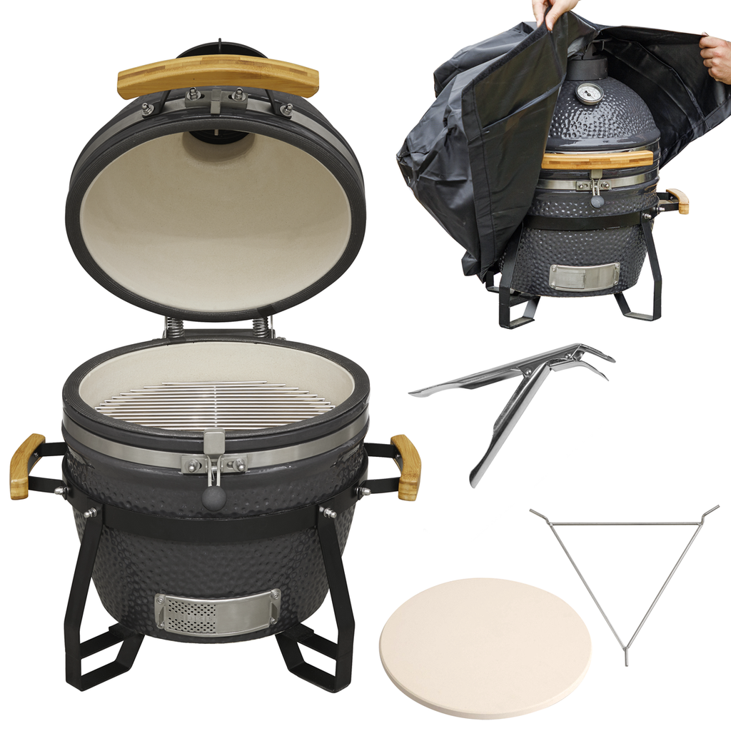 Deluxe 16"(40cm) Ceramic Kamado Style BBQ, Cover, Grid Gripper, Heat Deflector & Heat Deflector Support DG235