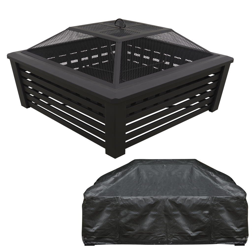 Square Outdoor Fire Pit with Mesh Screen Lid, Water-Resistant Drawstring Cover - Black DG238