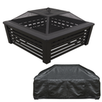 Square Outdoor Fire Pit with Mesh Screen Lid, Water-Resistant Drawstring Cover - Black DG238