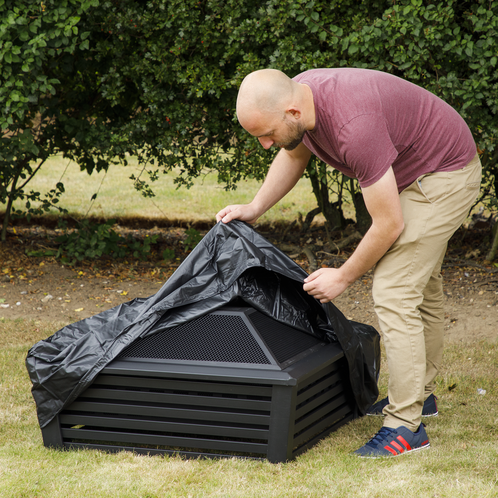 Square Outdoor Fire Pit with Mesh Screen Lid, Water-Resistant Drawstring Cover - Black DG238
