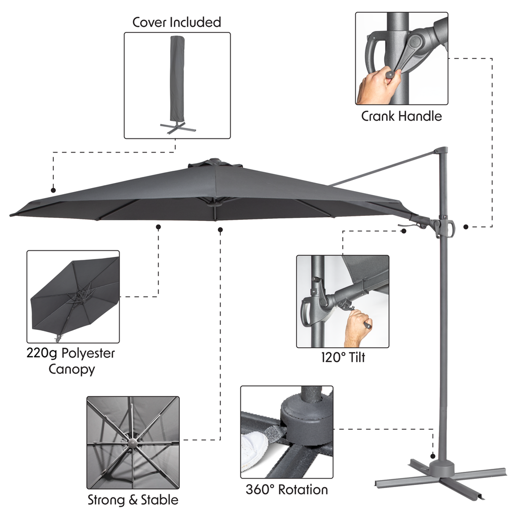 Cantilever Parasol with 360° Rotation, Tilt & Cover 3m - Grey DG267