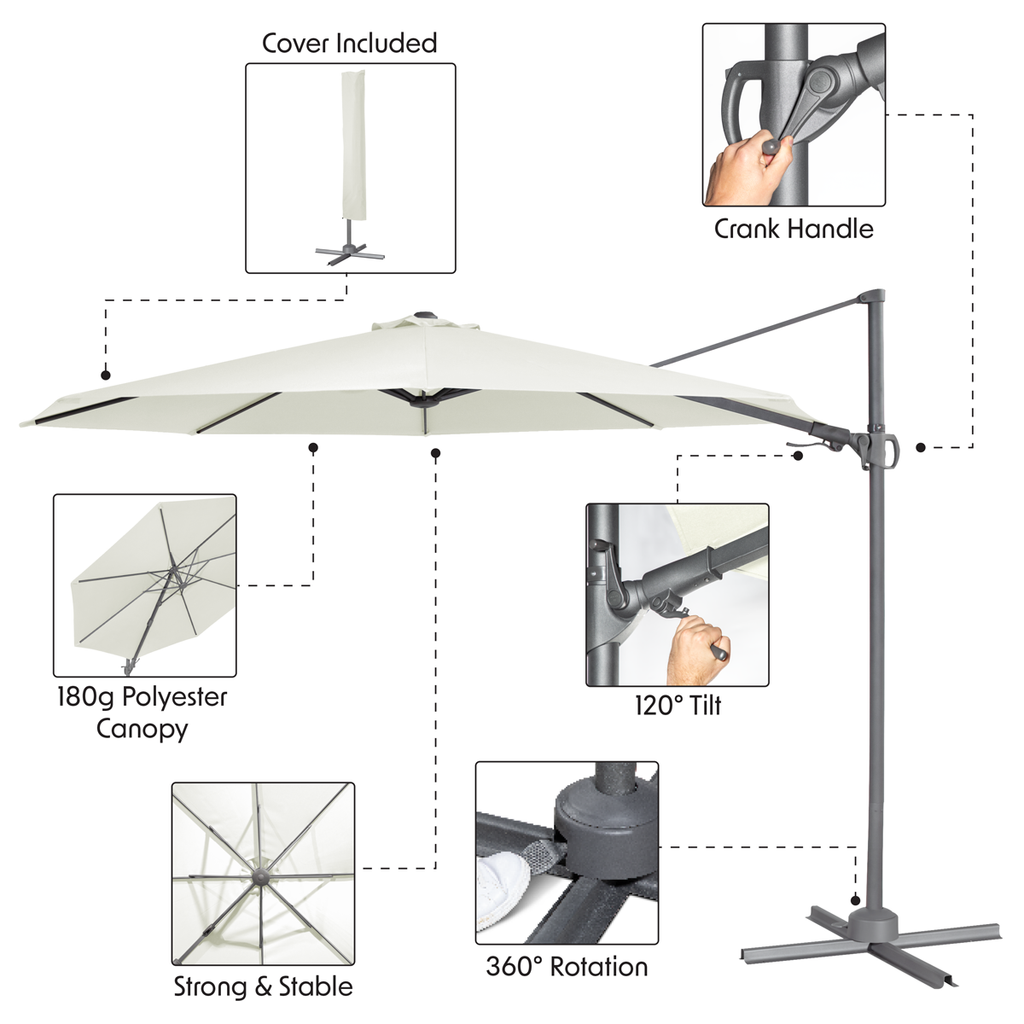 Cantilever Parasol with 360° Rotation, Tilt & Cover 3m - Cream DG268