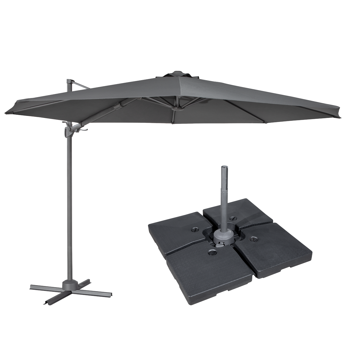 Cantilever Parasol with 360° Rotation, Tilt, Cover & Base 3m - Grey DG272