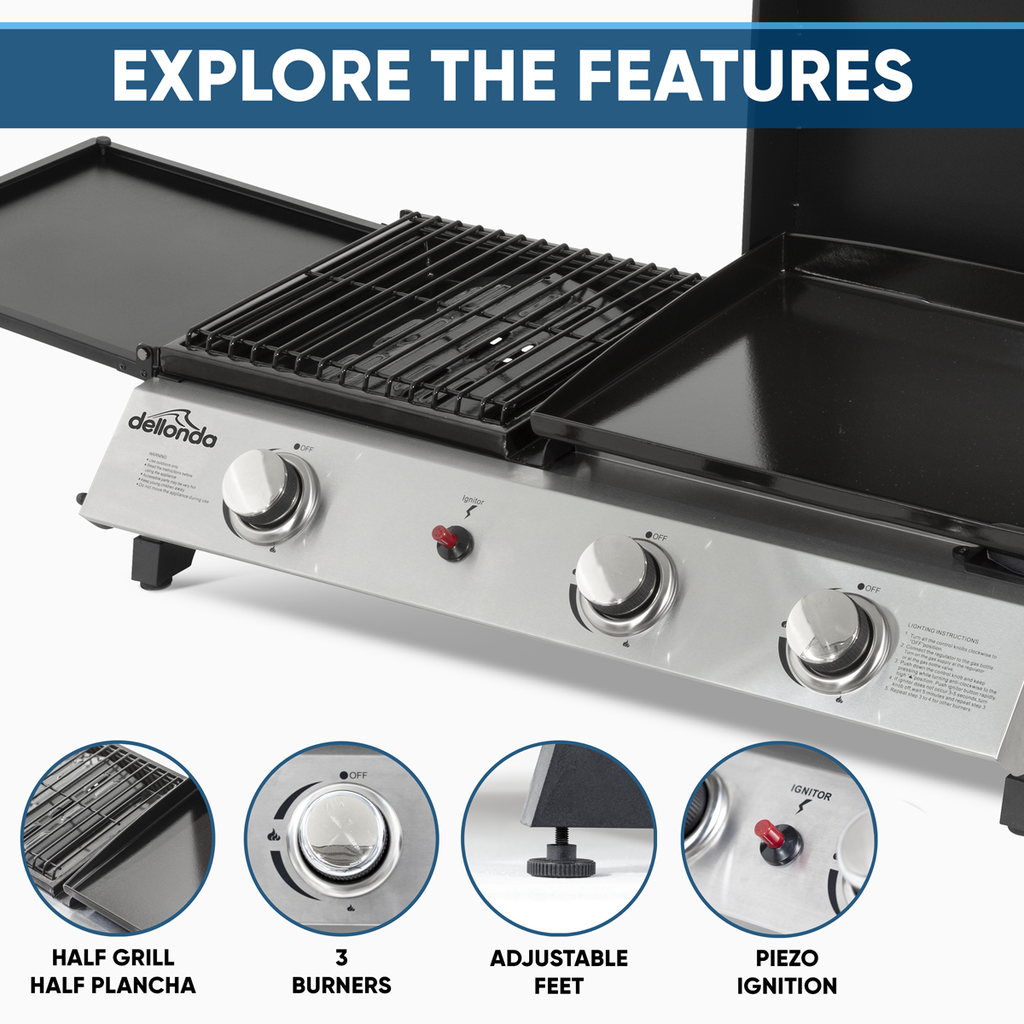 3 Burner Stainless Steel Portable Gas Plancha/Grill 8.5kW DG276
