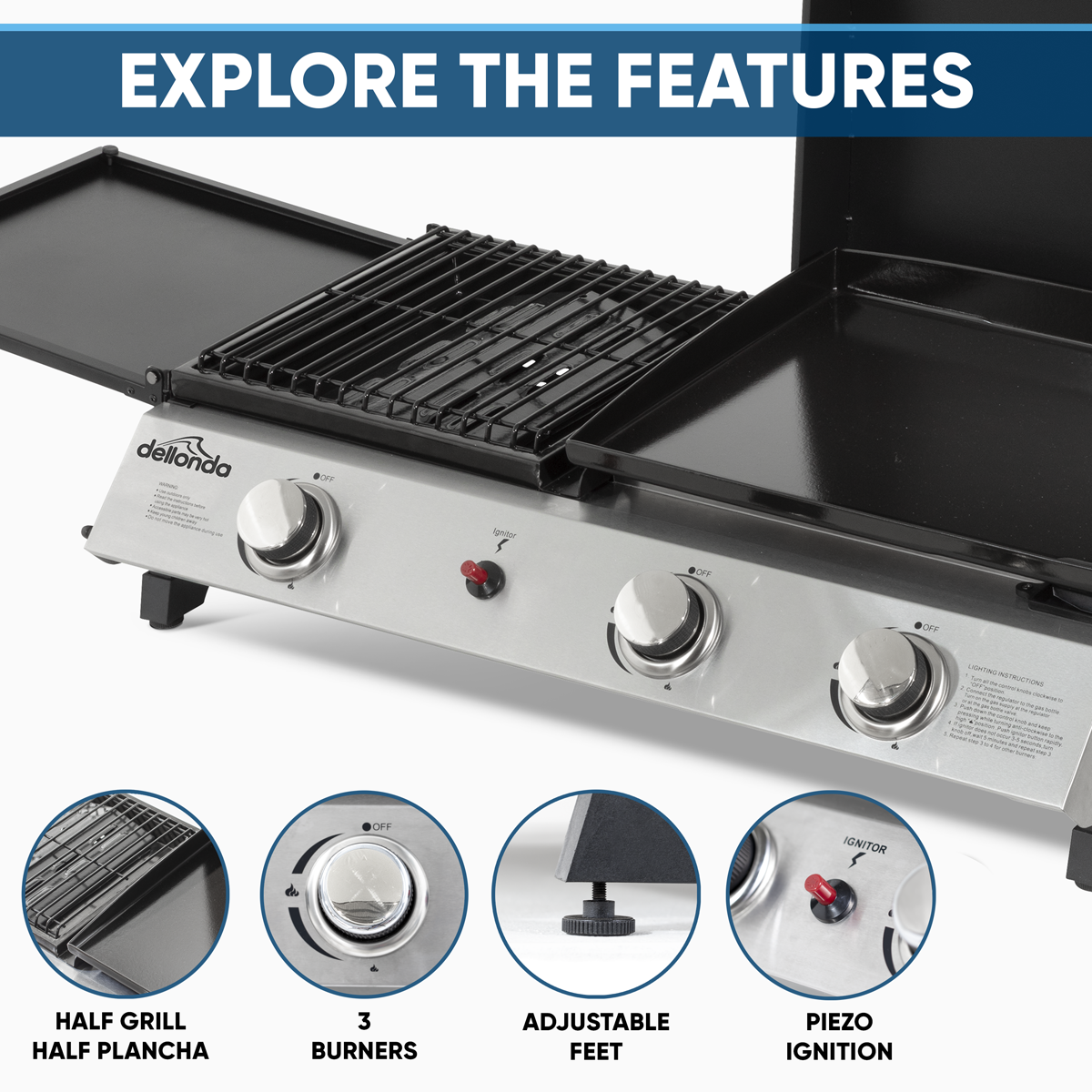 3 Burner Stainless Steel Portable Gas Plancha/Grill 8.5kW DG276