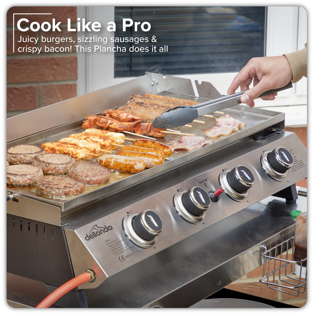 4 Burner Stainless Steel Portable Gas Plancha with Warming Rack 10kW DG277