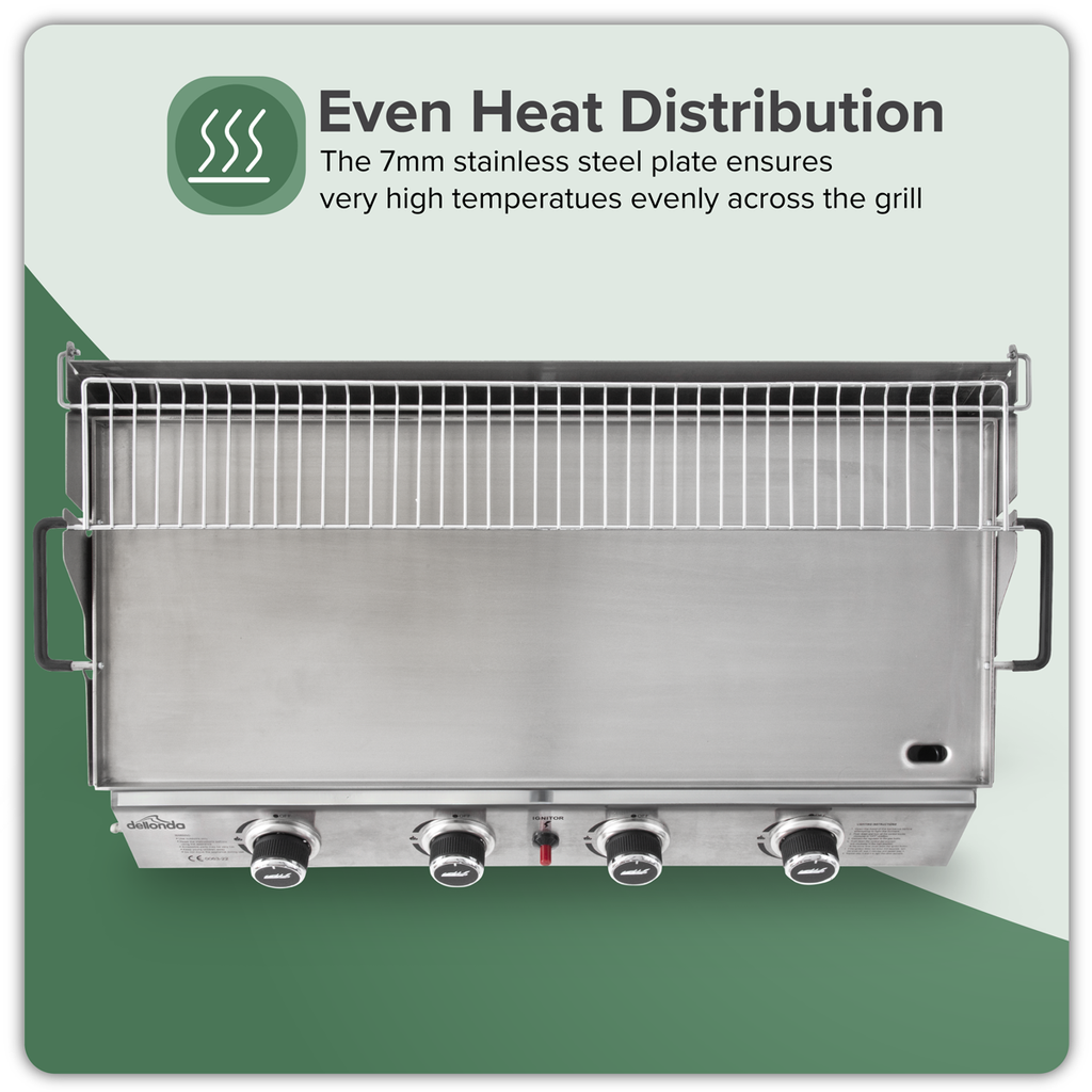 4 Burner Stainless Steel Portable Gas Plancha with Warming Rack 10kW DG277