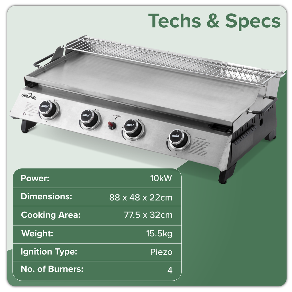 4 Burner Stainless Steel Portable Gas Plancha with Warming Rack 10kW DG277