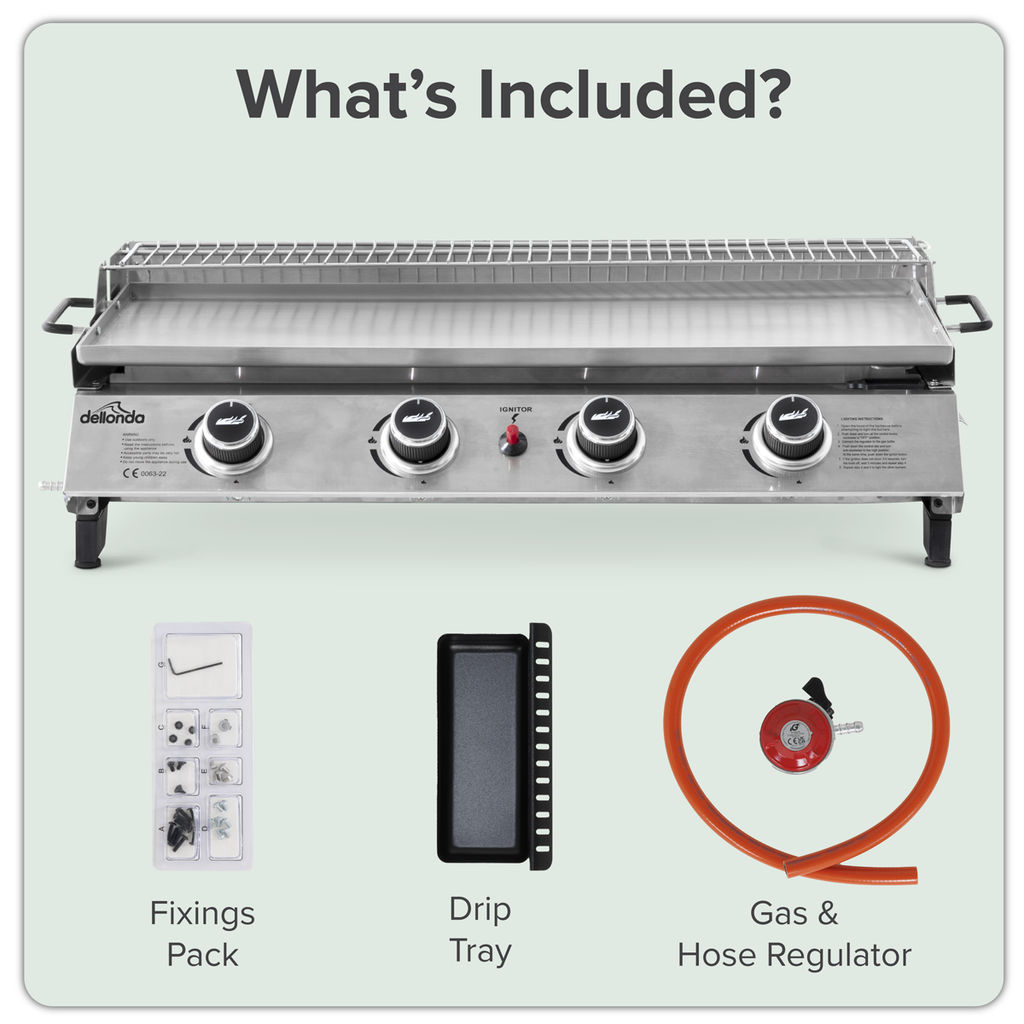 4 Burner Stainless Steel Portable Gas Plancha with Warming Rack 10kW DG277