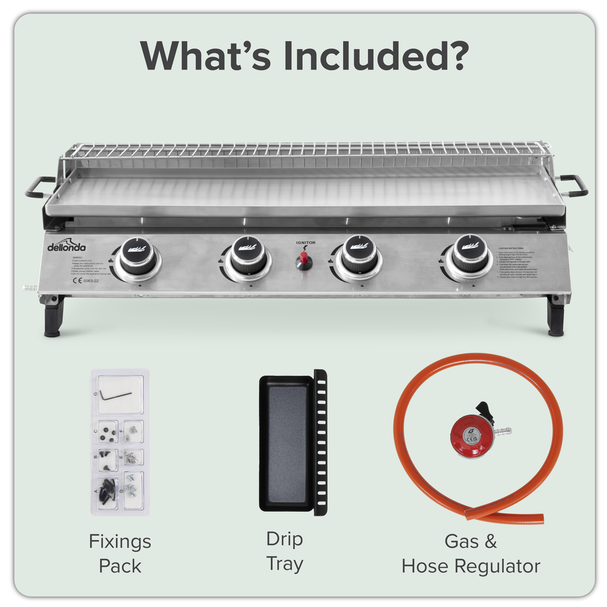 4 Burner Stainless Steel Portable Gas Plancha with Warming Rack 10kW DG277