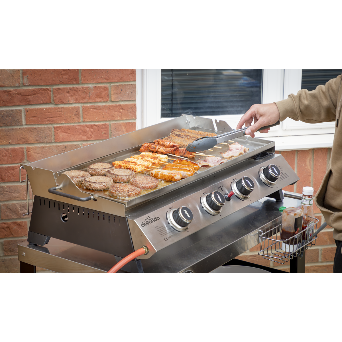 4 Burner Stainless Steel Portable Gas Plancha with Warming Rack 10kW DG277