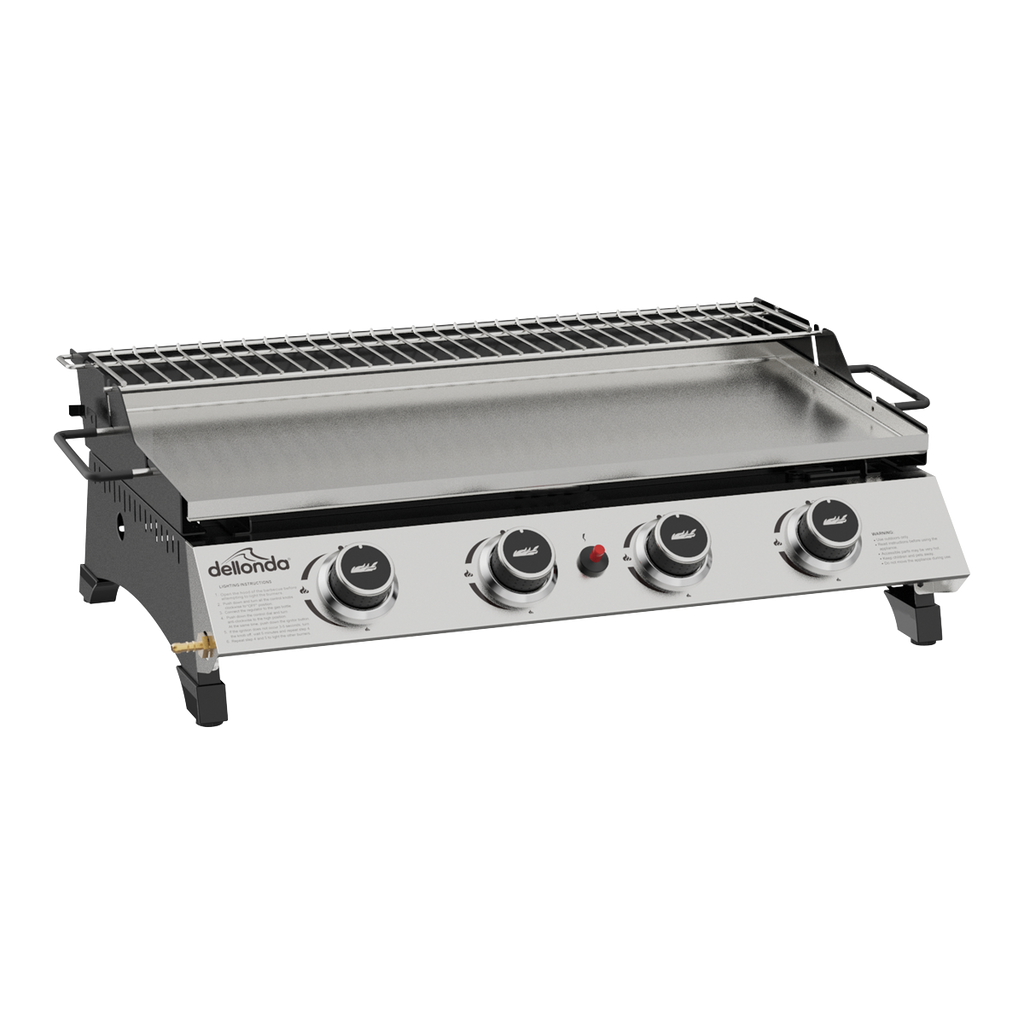 4 Burner Stainless Steel Portable Gas Plancha with Warming Rack 10kW DG277