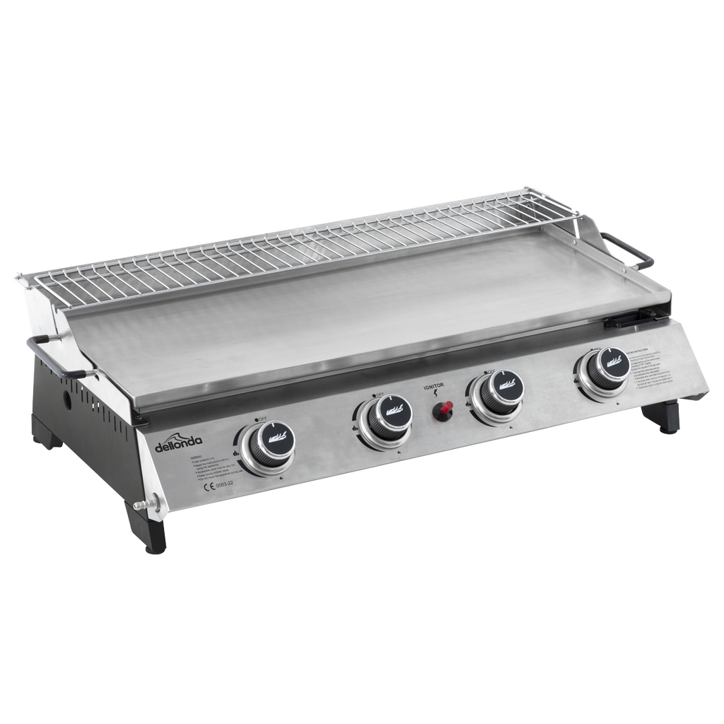 4 Burner Stainless Steel Portable Gas Plancha with Warming Rack 10kW DG277