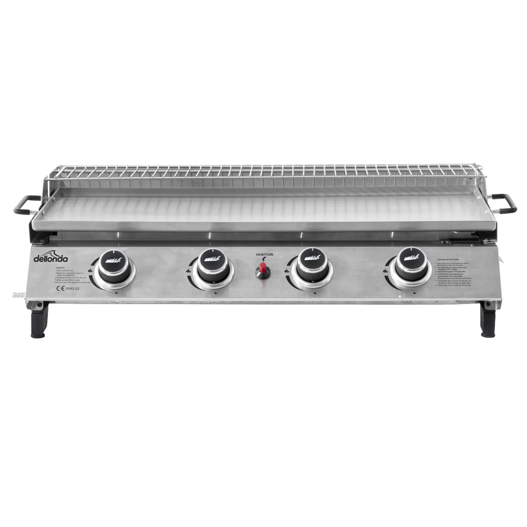 4 Burner Stainless Steel Portable Gas Plancha with Warming Rack 10kW DG277