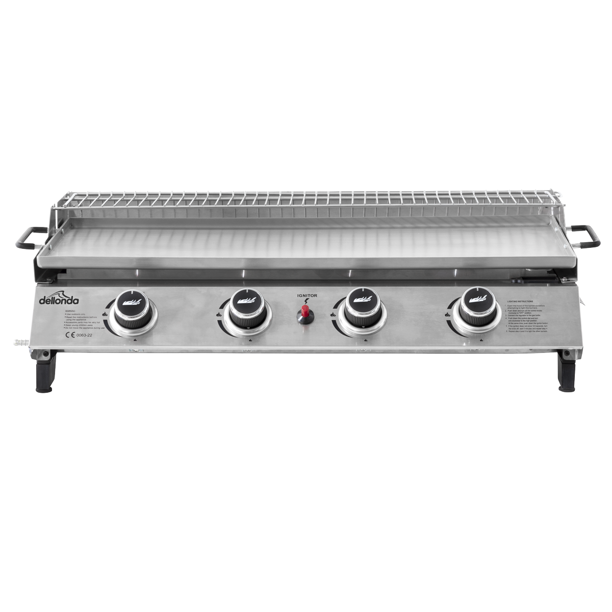 4 Burner Stainless Steel Portable Gas Plancha with Warming Rack 10kW DG277