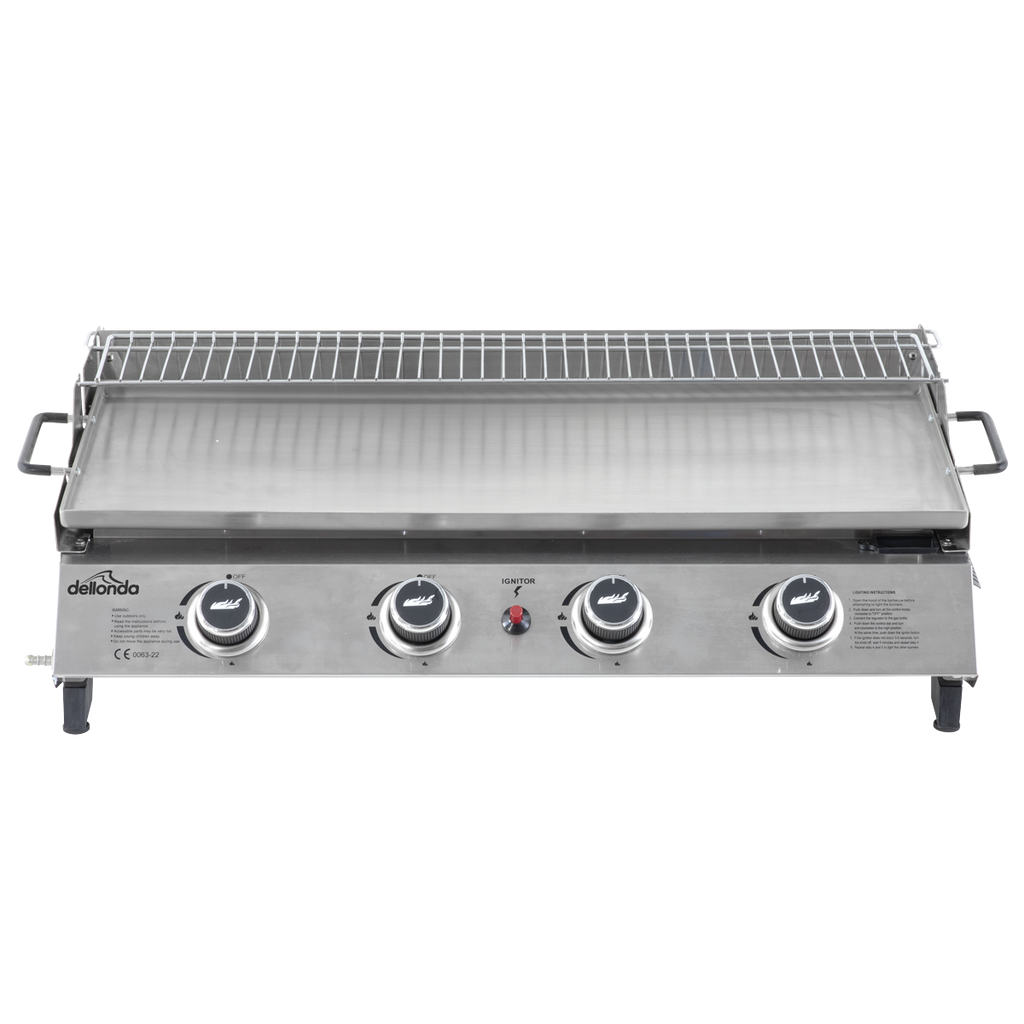 4 Burner Stainless Steel Portable Gas Plancha with Warming Rack 10kW DG277