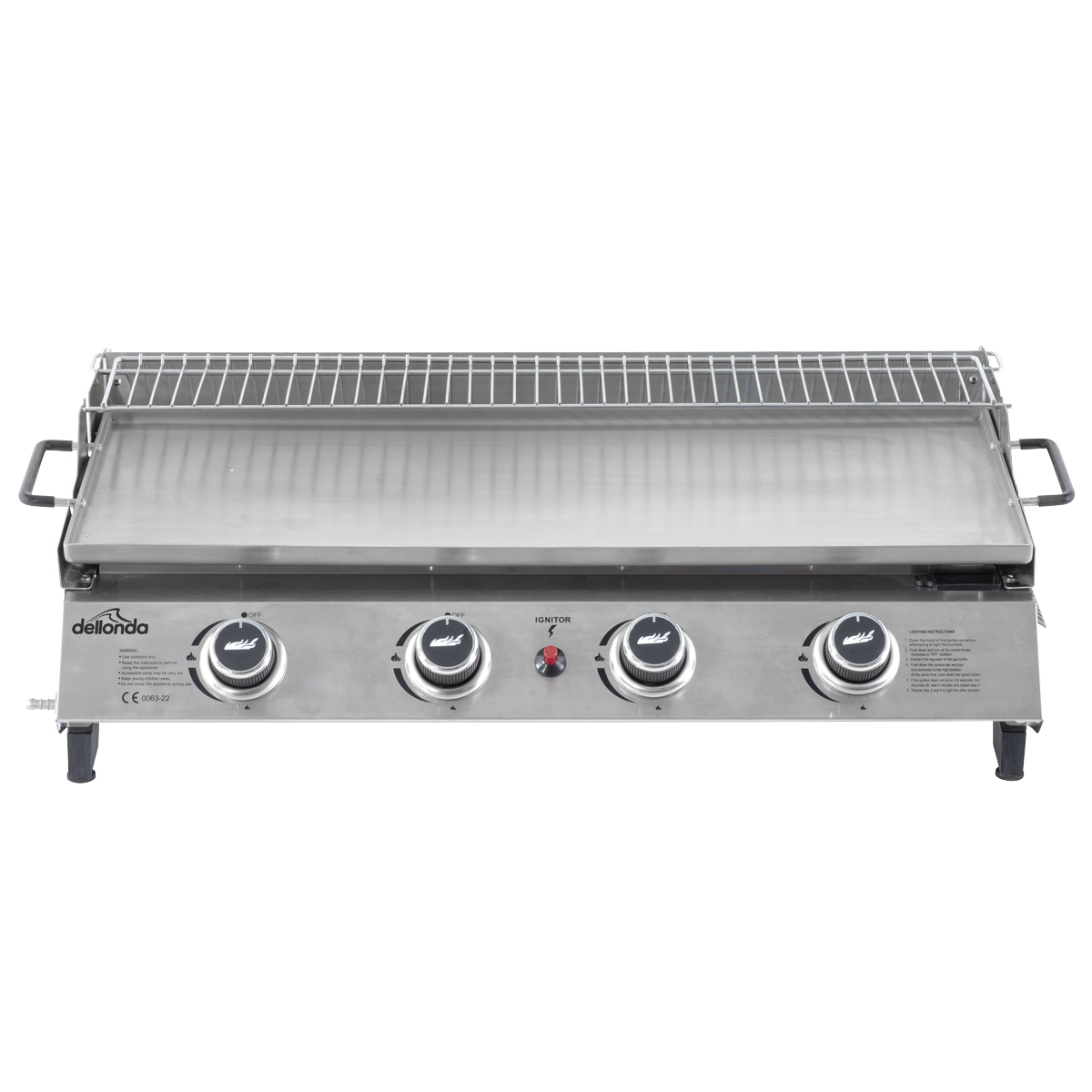 4 Burner Stainless Steel Portable Gas Plancha with Warming Rack 10kW DG277