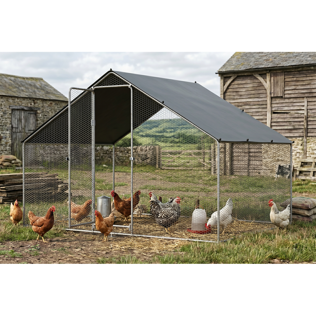 Walk-In Galvanized Steel Chicken Run with Roof Cover & PVC Coated Chicken Wire DG278