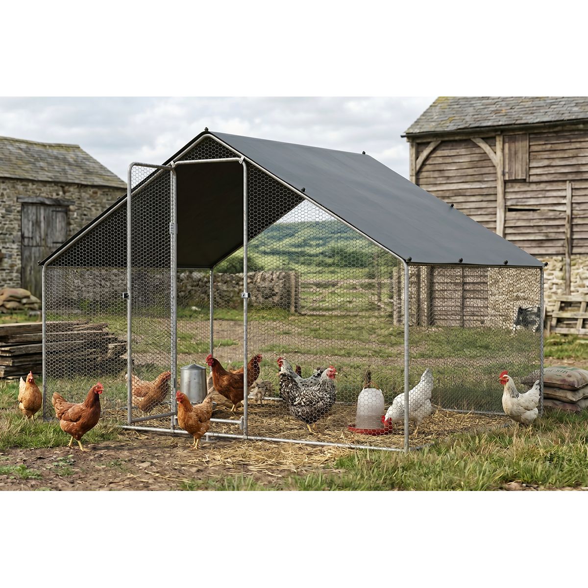 Walk-In Galvanized Steel Chicken Run with Roof Cover & PVC Coated Chicken Wire DG278