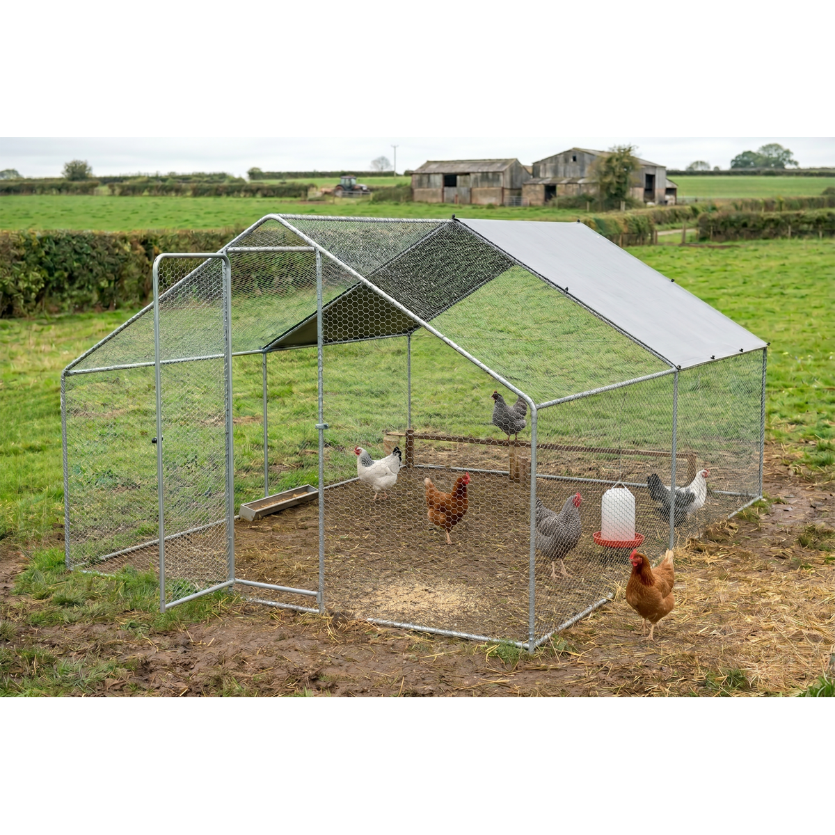 Walk-In Galvanized Steel Chicken Run with Roof Cover & PVC Coated Chicken Wire DG279
