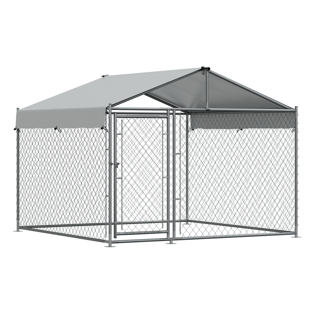 Galvanised Steel Dog Kennel with Roof Cover & Chain Link Fencing DG281