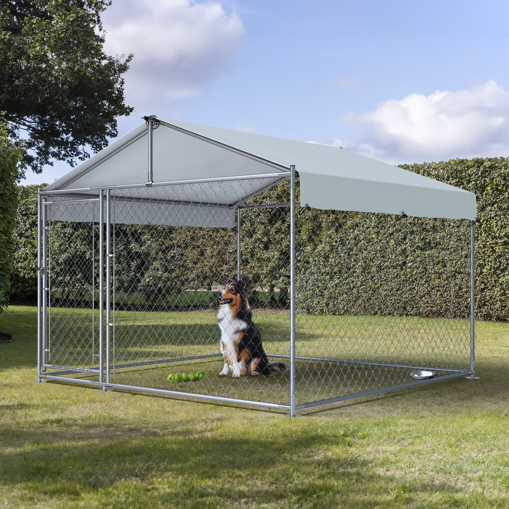 Galvanised Steel Dog Kennel with Roof Cover & Chain Link Fencing DG281