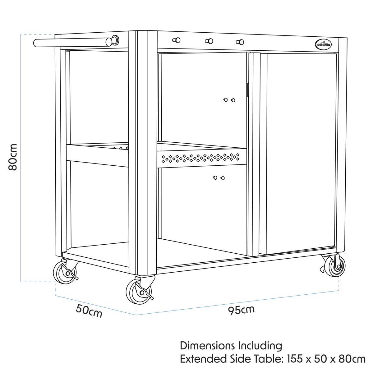 Dellonda BBQ/Plancha Trolley with Cupboard, Extension Table & Utensil Hooks - Black DG282