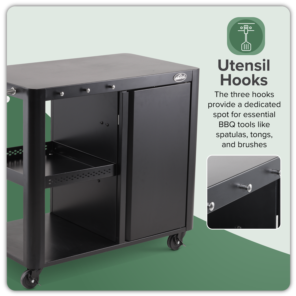 Dellonda BBQ/Plancha Trolley with Cupboard, Extension Table & Utensil Hooks - Black DG282