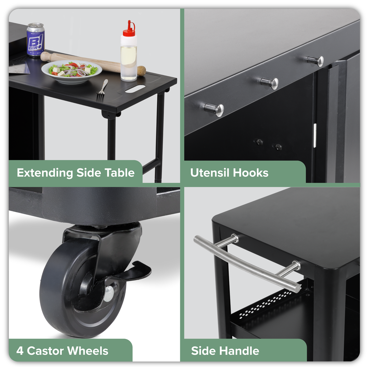 BBQ/Plancha Trolley with Cupboard, Extension Table & Utensil Hooks - Black DG282